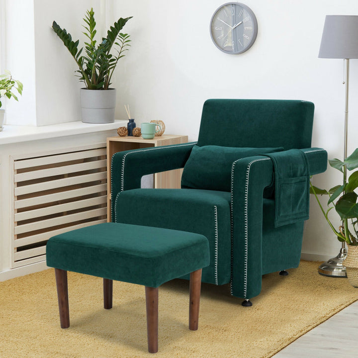 Modern Accent Chair Soft Berber Fleece Armchair Single Sofa Footstool Set with Side Storage Bag and Waist Pillow