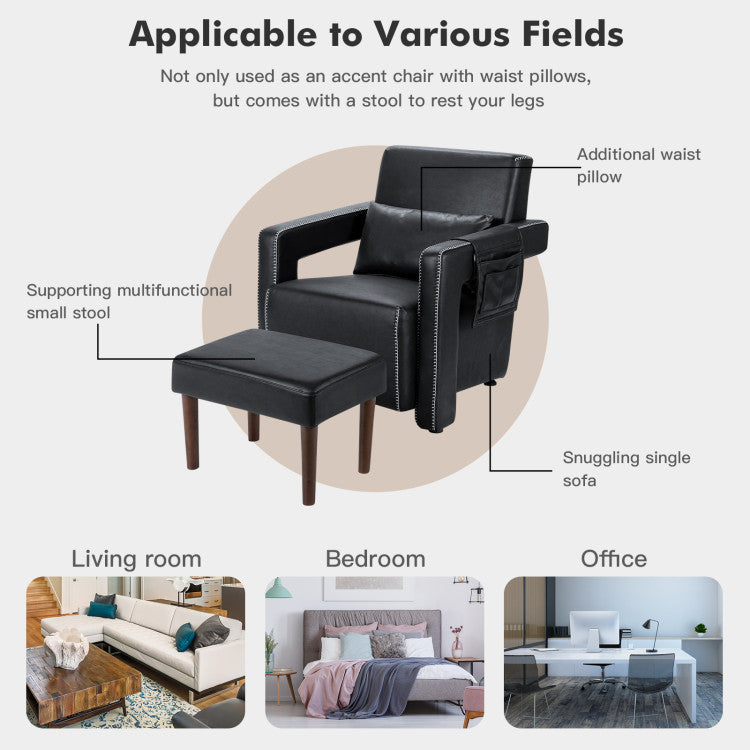 Modern Accent Chair Soft Berber Fleece Armchair Single Sofa Footstool Set with Side Storage Bag and Waist Pillow