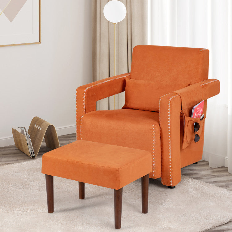 Modern Accent Chair Soft Berber Fleece Armchair Single Sofa Footstool Set with Side Storage Bag and Waist Pillow