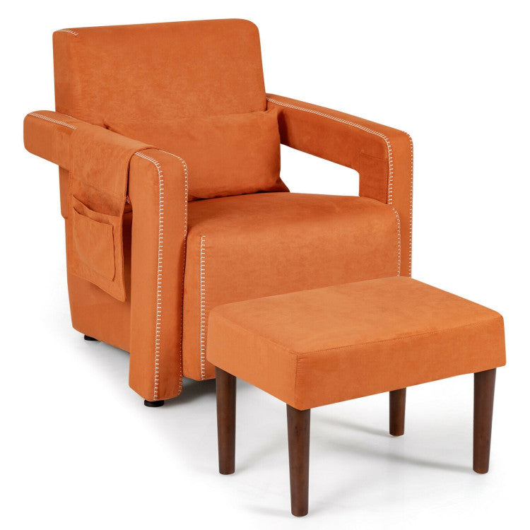 Modern Accent Chair Soft Berber Fleece Armchair Single Sofa Footstool Set with Side Storage Bag and Waist Pillow
