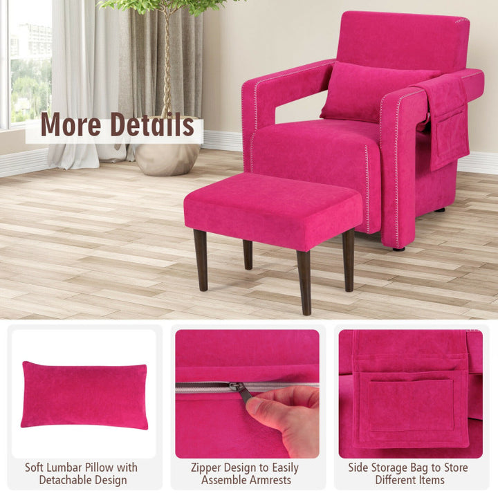 Modern Accent Chair Soft Berber Fleece Armchair Single Sofa Footstool Set with Side Storage Bag and Waist Pillow