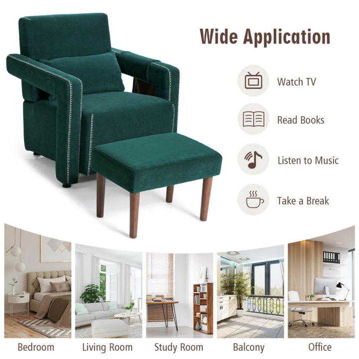 Modern Accent Chair Soft Berber Fleece Armchair Single Sofa Footstool Set with Side Storage Bag and Waist Pillow