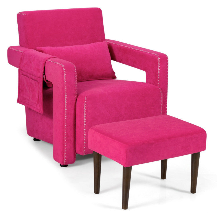 Modern Accent Chair Soft Berber Fleece Armchair Single Sofa Footstool Set with Side Storage Bag and Waist Pillow