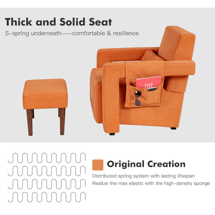 Modern Accent Chair Soft Berber Fleece Armchair Single Sofa Footstool Set with Side Storage Bag and Waist Pillow