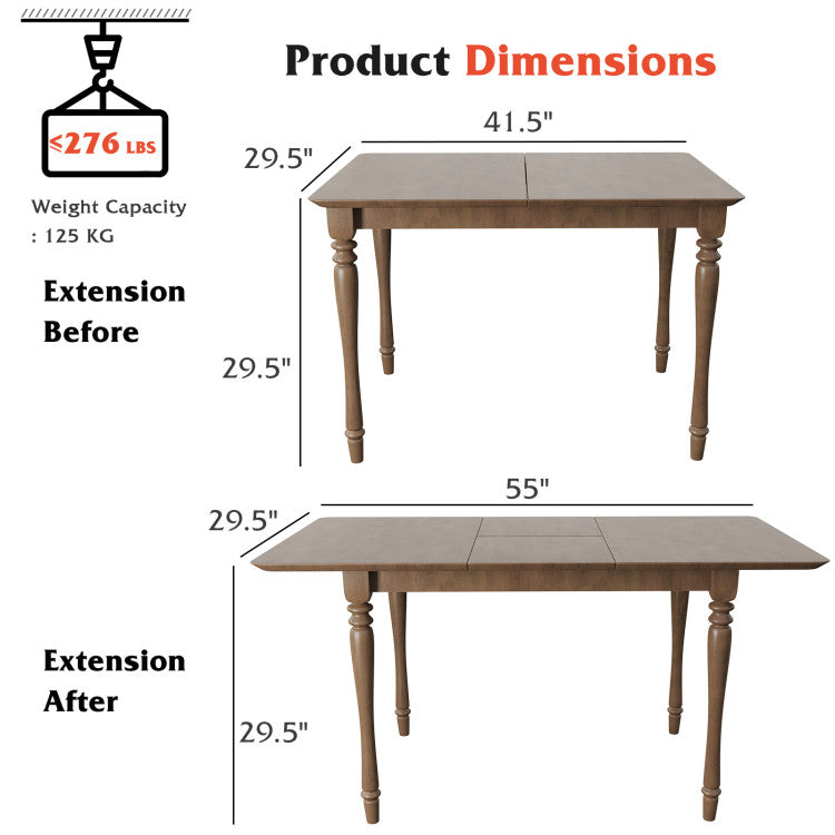 Extendable Wooden Butterfly Leaf Dinette Table Rectangle Dining Tabletop with Rubber Wood Legs Mahogany Finish