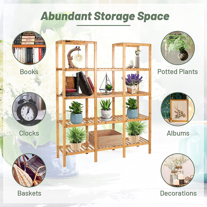 Multifunctional Plant Stand Indoor Bamboo Utility Shelf with 5-Tier Storage Organizer Rack Cube for Multiple Plants