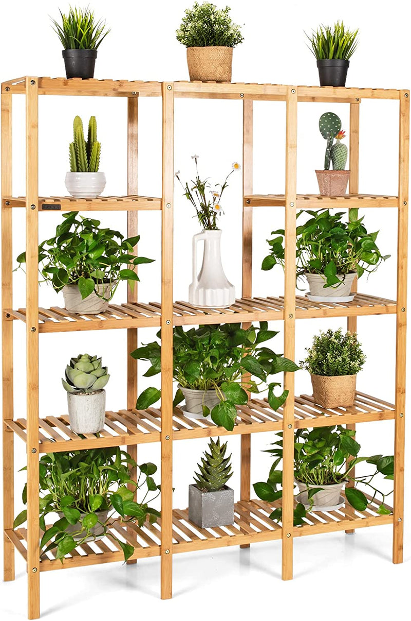 Multifunctional Plant Stand Indoor Bamboo Utility Shelf with 5-Tier Storage Organizer Rack Cube for Multiple Plants