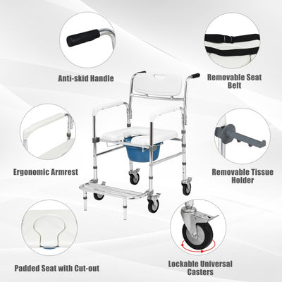 Multifunctional Rolling Shower Commode Chair Toilet Wheelchair With Folding Pedal and Universal Wheel