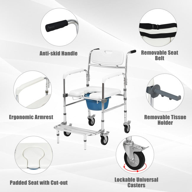 Multifunctional Rolling Shower Commode Chair Toilet Wheelchair With Folding Pedal and Universal Wheel