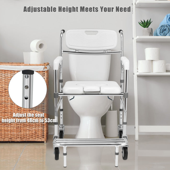 Multifunctional Rolling Shower Commode Chair Toilet Wheelchair With Folding Pedal and Universal Wheel