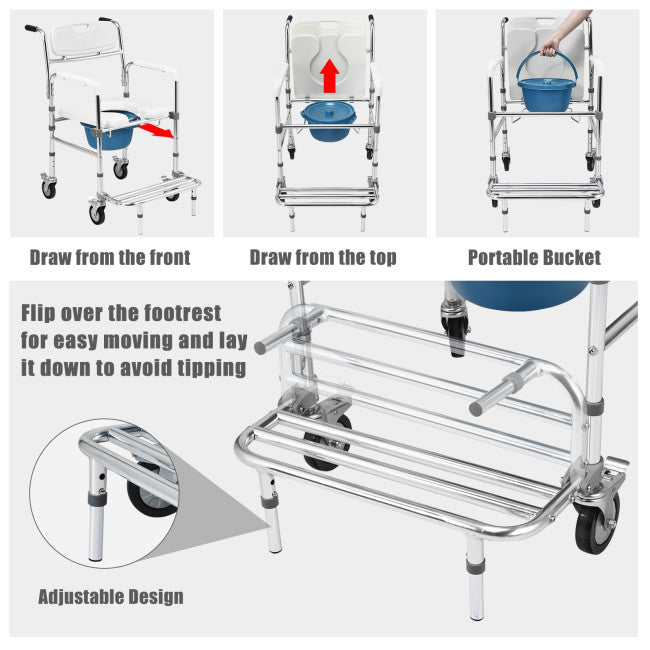 Multifunctional Rolling Shower Commode Chair Toilet Wheelchair With Folding Pedal and Universal Wheel