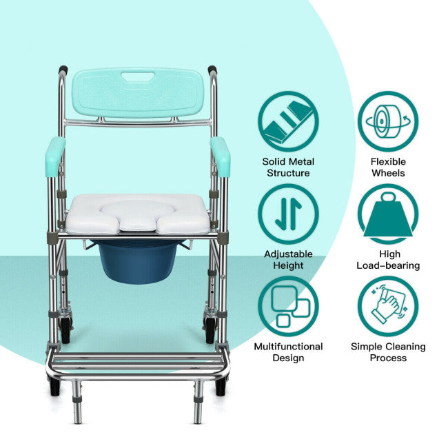 Multifunctional Rolling Shower Commode Chair Toilet Wheelchair With Folding Pedal and Universal Wheel