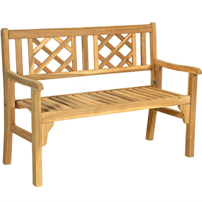 Outdoor 2-Person Acacia Wood Foldable Bench Patio Loveseat Chair with Ergonomic Armrests Curved Backrest