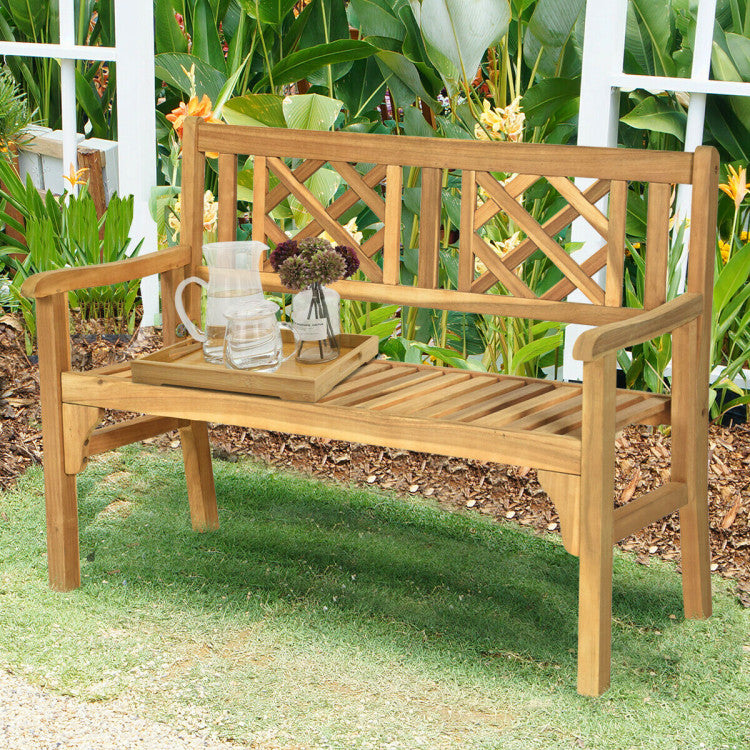 Outdoor 2-Person Acacia Wood Foldable Bench Patio Loveseat Chair with Ergonomic Armrests Curved Backrest