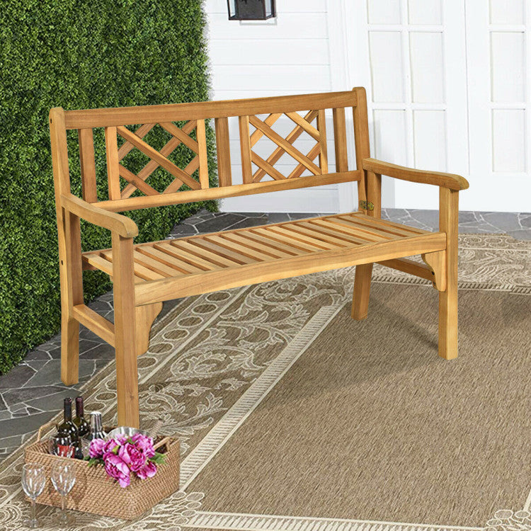 Outdoor 2-Person Acacia Wood Foldable Bench Patio Loveseat Chair with Ergonomic Armrests Curved Backrest