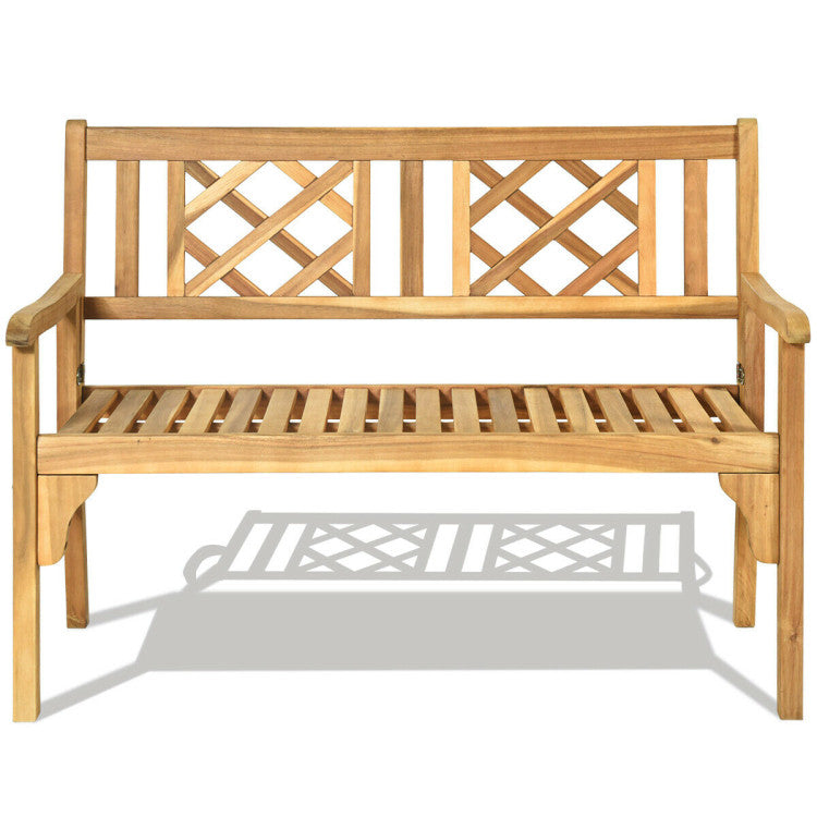 Outdoor 2-Person Acacia Wood Foldable Bench Patio Loveseat Chair with Ergonomic Armrests Curved Backrest