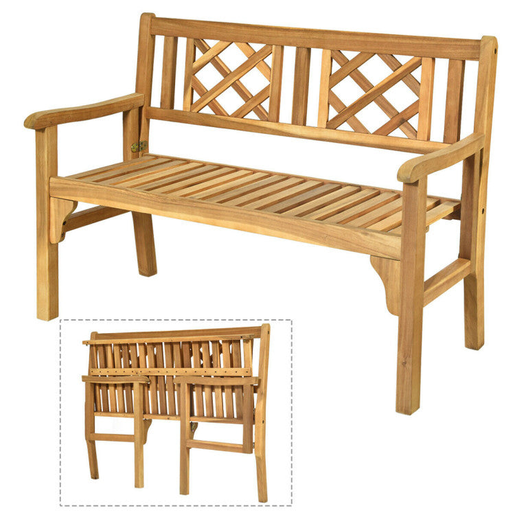 Outdoor 2-Person Acacia Wood Foldable Bench Patio Loveseat Chair with Ergonomic Armrests Curved Backrest