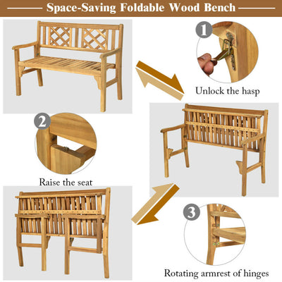 Outdoor 2-Person Acacia Wood Foldable Bench Patio Loveseat Chair with Ergonomic Armrests Curved Backrest