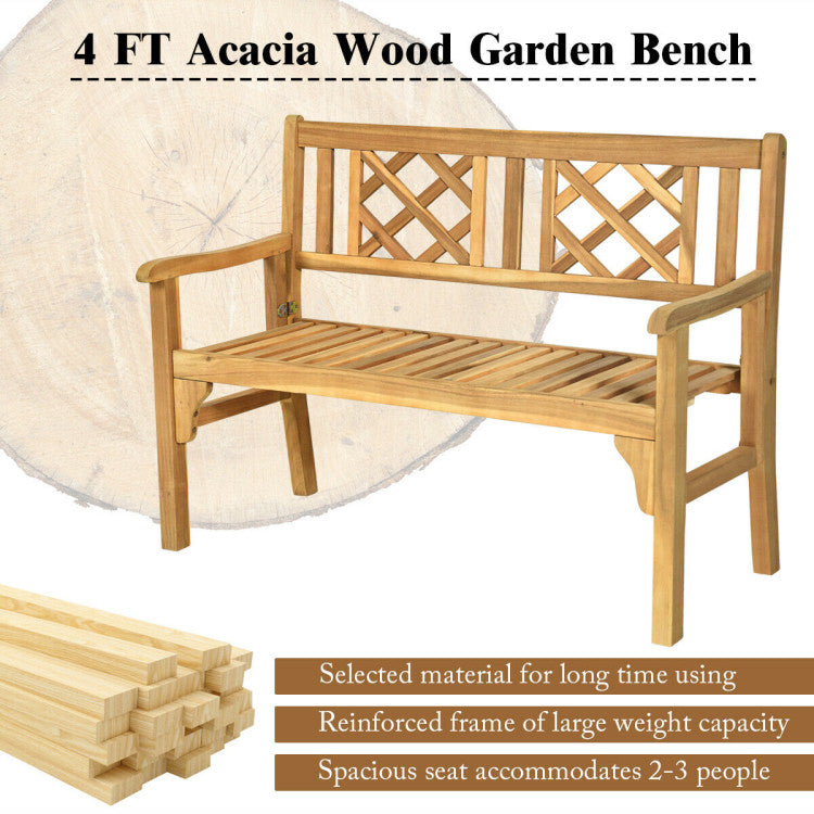 Outdoor 2-Person Acacia Wood Foldable Bench Patio Loveseat Chair with Ergonomic Armrests Curved Backrest