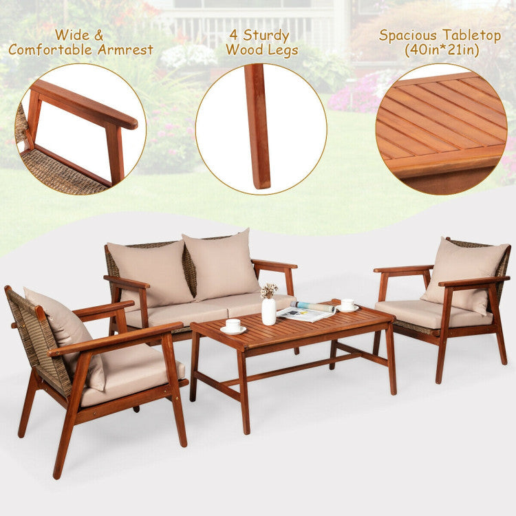 Outdoor 4 Pieces Acacia Wood Sofa Furniture Set Patio Rattan Conversation Loveseat with Thick Cushions