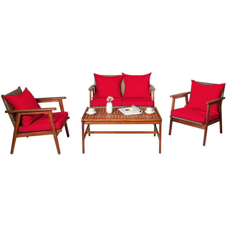 Outdoor 4 Pieces Acacia Wood Sofa Furniture Set Patio Rattan Conversation Loveseat with Thick Cushions