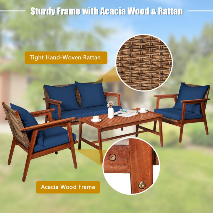Outdoor 4 Pieces Acacia Wood Sofa Furniture Set Patio Rattan Conversation Loveseat with Thick Cushions