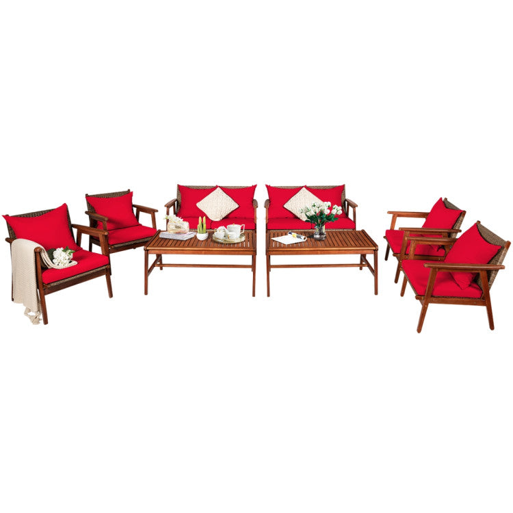 Outdoor 4 Pieces Acacia Wood Sofa Furniture Set Patio Rattan Conversation Loveseat with Thick Cushions