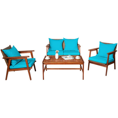 Outdoor 4 Pieces Acacia Wood Sofa Furniture Set Patio Rattan Conversation Loveseat with Thick Cushions