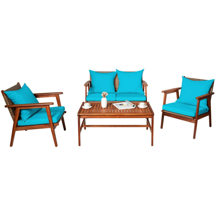 Outdoor 4 Pieces Acacia Wood Sofa Furniture Set Patio Rattan Conversation Loveseat with Thick Cushions