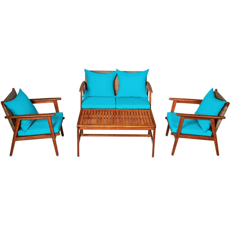 Outdoor 4 Pieces Acacia Wood Sofa Furniture Set Patio Rattan Conversation Loveseat with Thick Cushions