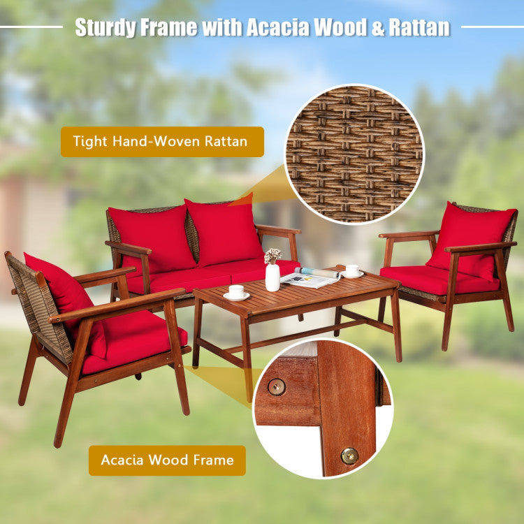 Outdoor 4 Pieces Acacia Wood Sofa Furniture Set Patio Rattan Conversation Loveseat with Thick Cushions