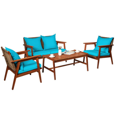 Outdoor 4 Pieces Acacia Wood Sofa Furniture Set Patio Rattan Conversation Loveseat with Thick Cushions