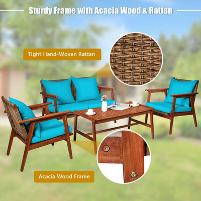 Outdoor 4 Pieces Acacia Wood Sofa Furniture Set Patio Rattan Conversation Loveseat with Thick Cushions