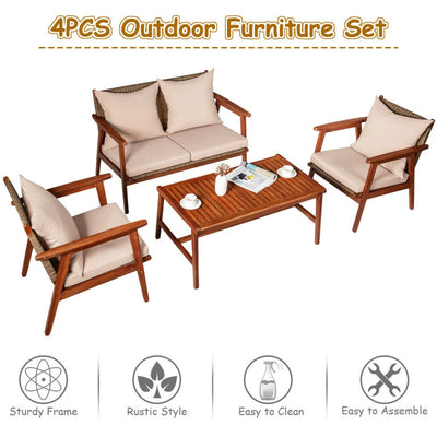 Outdoor 4 Pieces Acacia Wood Sofa Furniture Set Patio Rattan Conversation Loveseat with Thick Cushions