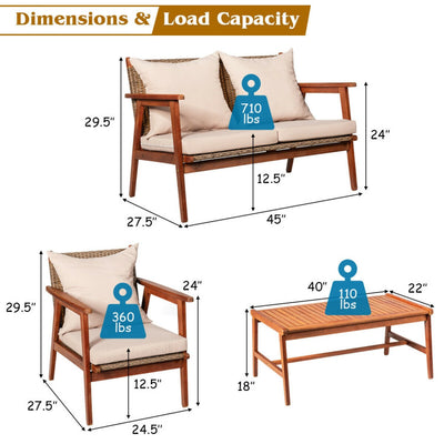 Outdoor 4 Pieces Acacia Wood Sofa Furniture Set Patio Rattan Conversation Loveseat with Thick Cushions