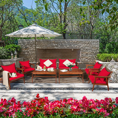 Outdoor 4 Pieces Acacia Wood Sofa Furniture Set Patio Rattan Conversation Loveseat with Thick Cushions