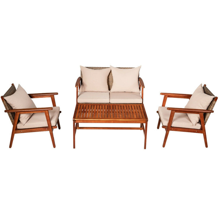 Outdoor 4 Pieces Acacia Wood Sofa Furniture Set Patio Rattan Conversation Loveseat with Thick Cushions