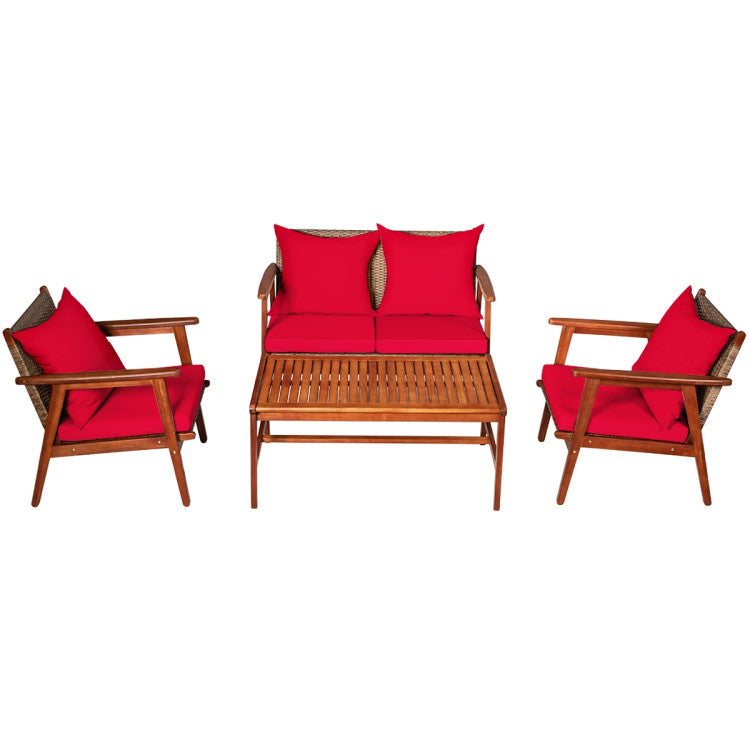 Outdoor 4 Pieces Acacia Wood Sofa Furniture Set Patio Rattan Conversation Loveseat with Thick Cushions