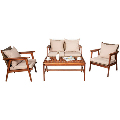 Outdoor 4 Pieces Acacia Wood Sofa Furniture Set Patio Rattan Conversation Loveseat with Thick Cushions