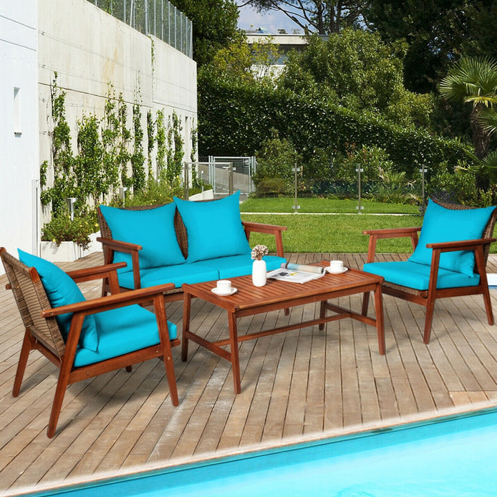 Outdoor 4 Pieces Acacia Wood Sofa Furniture Set Patio Rattan Conversation Loveseat with Thick Cushions