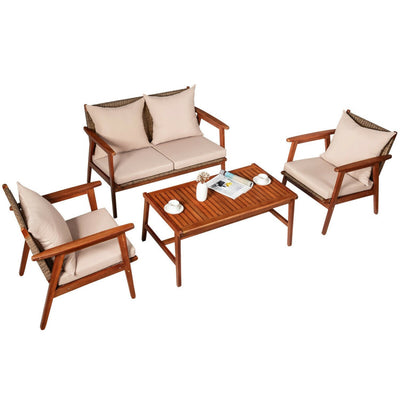 Outdoor 4 Pieces Acacia Wood Sofa Furniture Set Patio Rattan Conversation Loveseat with Thick Cushions