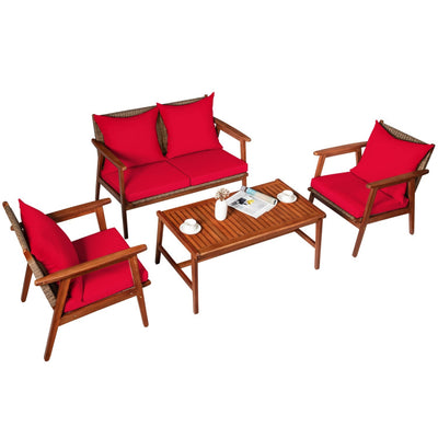 Outdoor 4 Pieces Acacia Wood Sofa Furniture Set Patio Rattan Conversation Loveseat with Thick Cushions