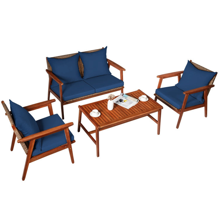 Outdoor 4 Pieces Acacia Wood Sofa Furniture Set Patio Rattan Conversation Loveseat with Thick Cushions