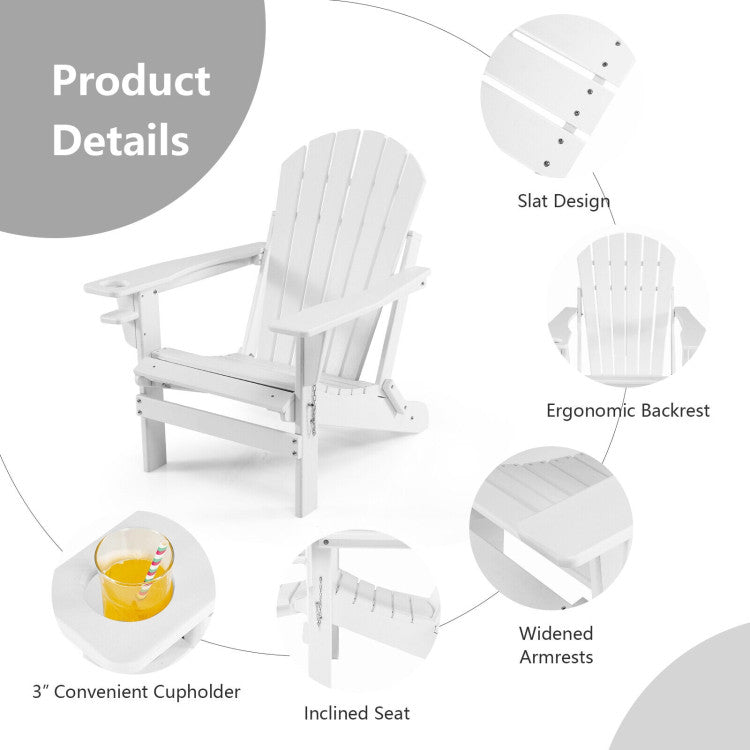 Outdoor All-Weather Folding Adirondack Chair Patio Fire Pit Chairs Lounge Chair with Pull-Out Ottoman and Cupholder