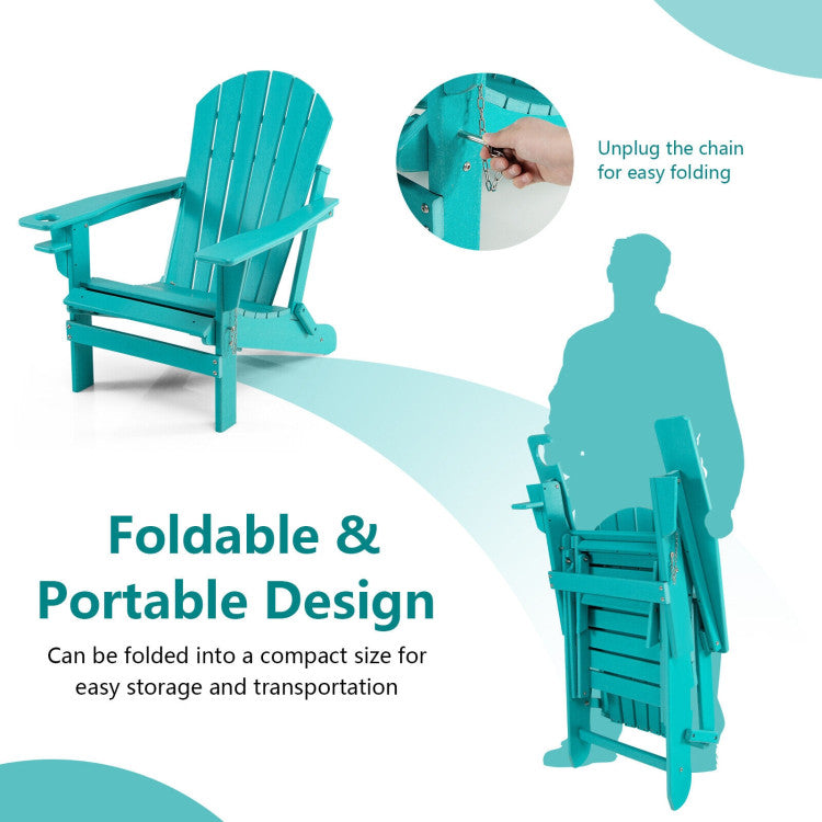 Outdoor All-Weather Folding Adirondack Chair Patio Fire Pit Chairs Lounge Chair with Pull-Out Ottoman and Cupholder