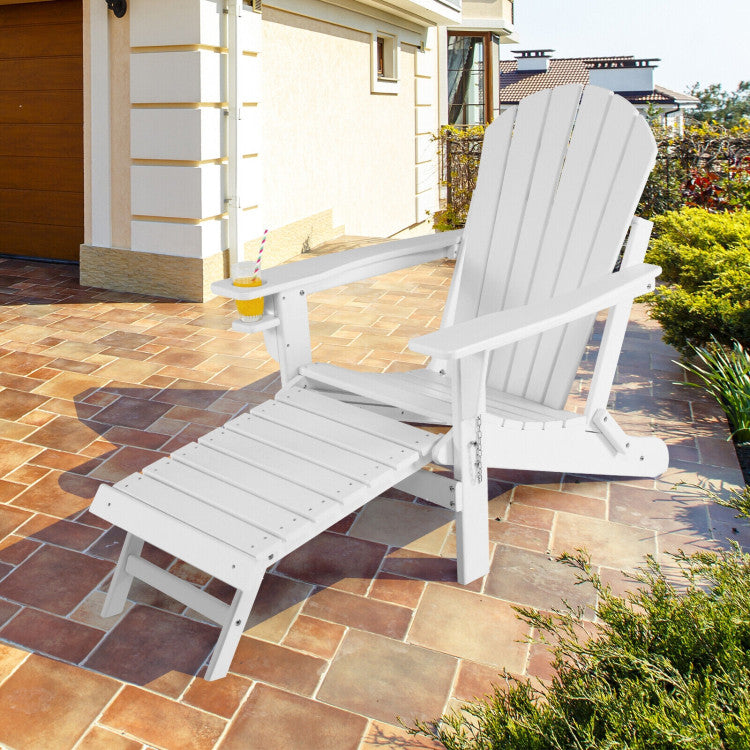 Outdoor All-Weather Folding Adirondack Chair Patio Fire Pit Chairs Lounge Chair with Pull-Out Ottoman and Cupholder