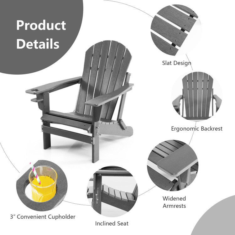 Outdoor All-Weather Folding Adirondack Chair Patio Fire Pit Chairs Lounge Chair with Pull-Out Ottoman and Cupholder