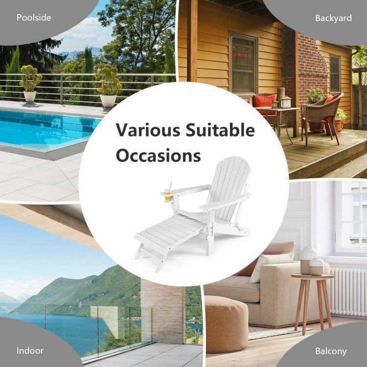 Outdoor All-Weather Folding Adirondack Chair Patio Fire Pit Chairs Lounge Chair with Pull-Out Ottoman and Cupholder