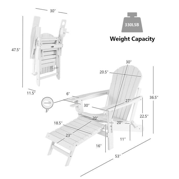 Outdoor All-Weather Folding Adirondack Chair Patio Fire Pit Chairs Lounge Chair with Pull-Out Ottoman and Cupholder