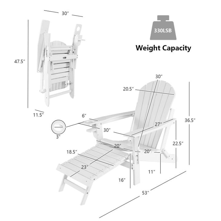 Outdoor All-Weather Folding Adirondack Chair Patio Fire Pit Chairs Lounge Chair with Pull-Out Ottoman and Cupholder
